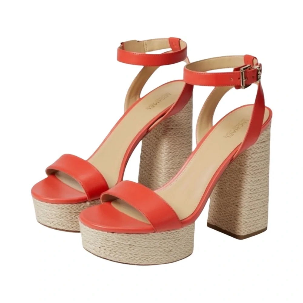 Michael Kors Ashton Ankle-Strap Espadrille Platform Spicy Coral Sandal Sz 9 New